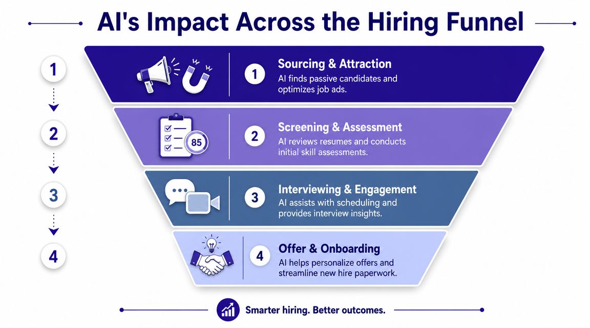 A diagram illustrating the four stages of the AI-powered hiring funnel from sourcing to onboarding.