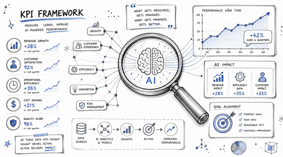 A hand-drawn KPI framework sketch visualizing how AI technology integrates with business data to improve organizational performance.