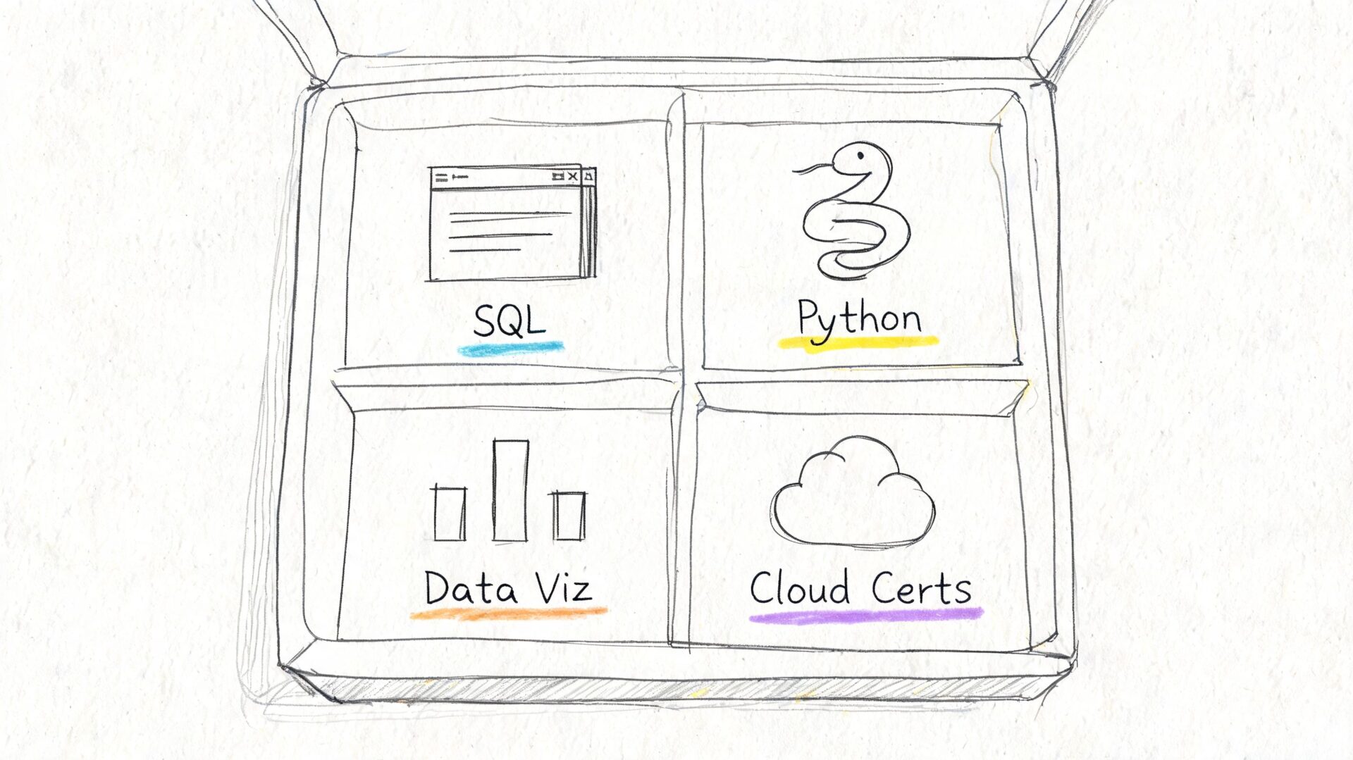 A hand-drawn sketch of a four-compartment box featuring icons for SQL, Python, Data Viz, and Cloud Certs.