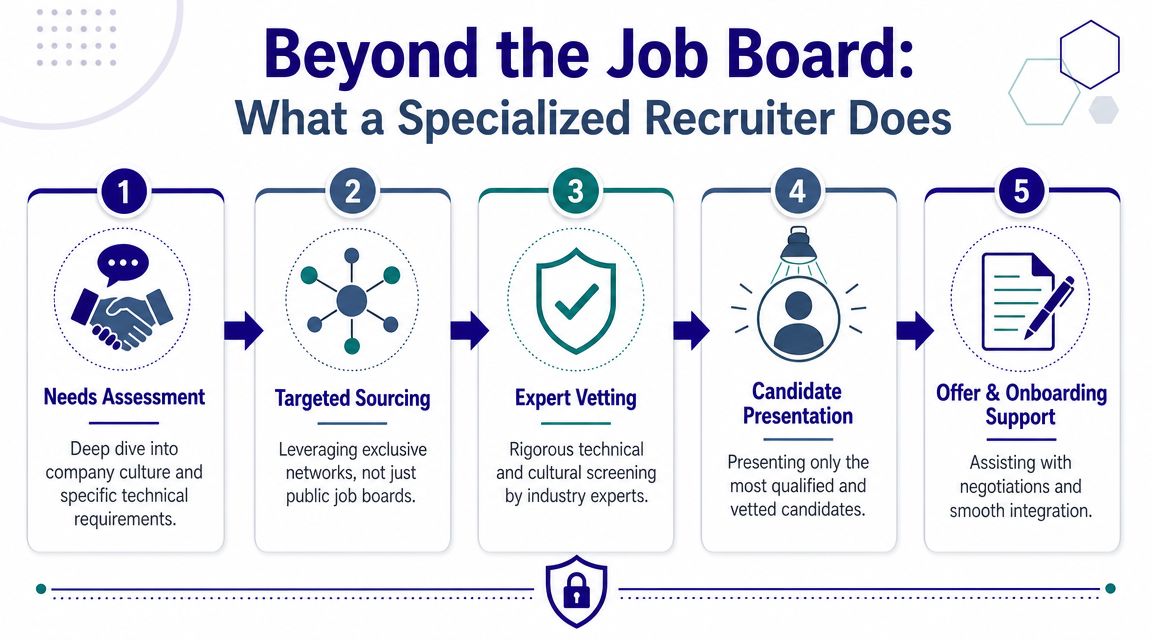 A five-step infographic detailing the professional process specialized recruiters use to find and onboard top talent.