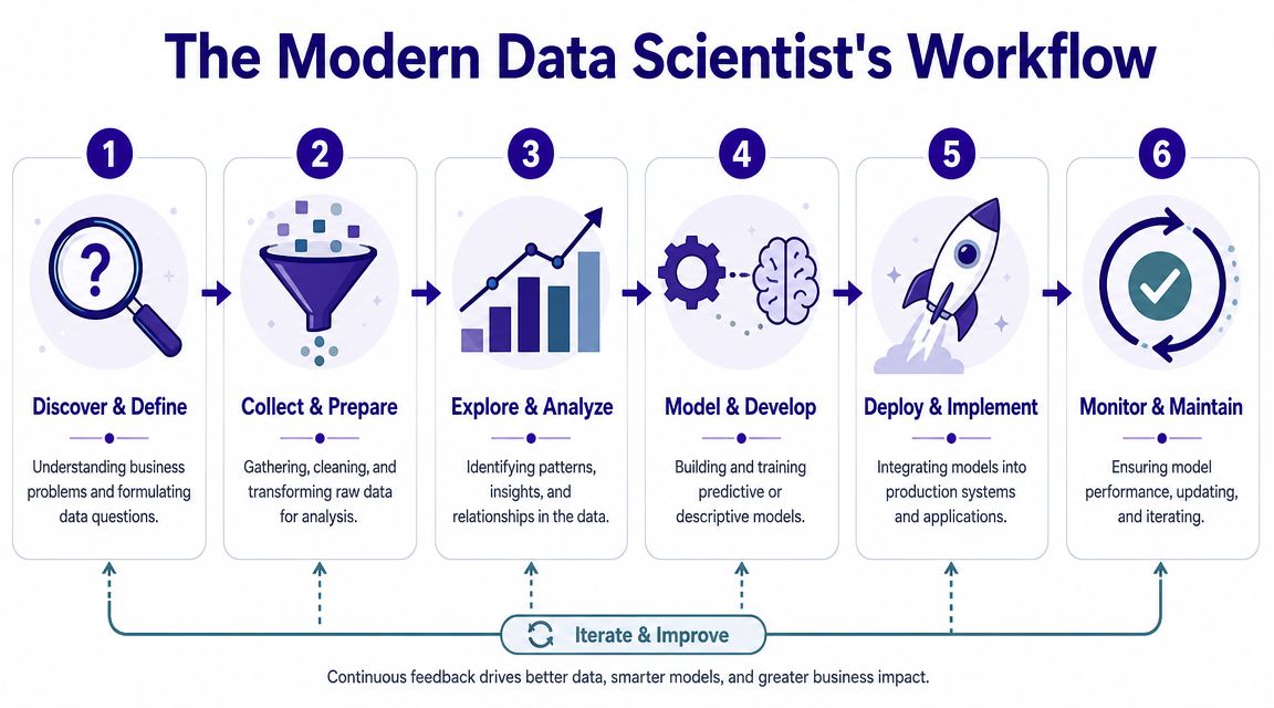 A flowchart showing the six stages of a data scientist's workflow, including iteration and improvement loops.