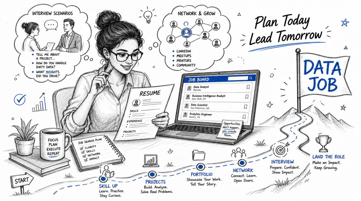 An illustrated guide showcasing a data career roadmap including networking, skill building, and interview preparation steps.