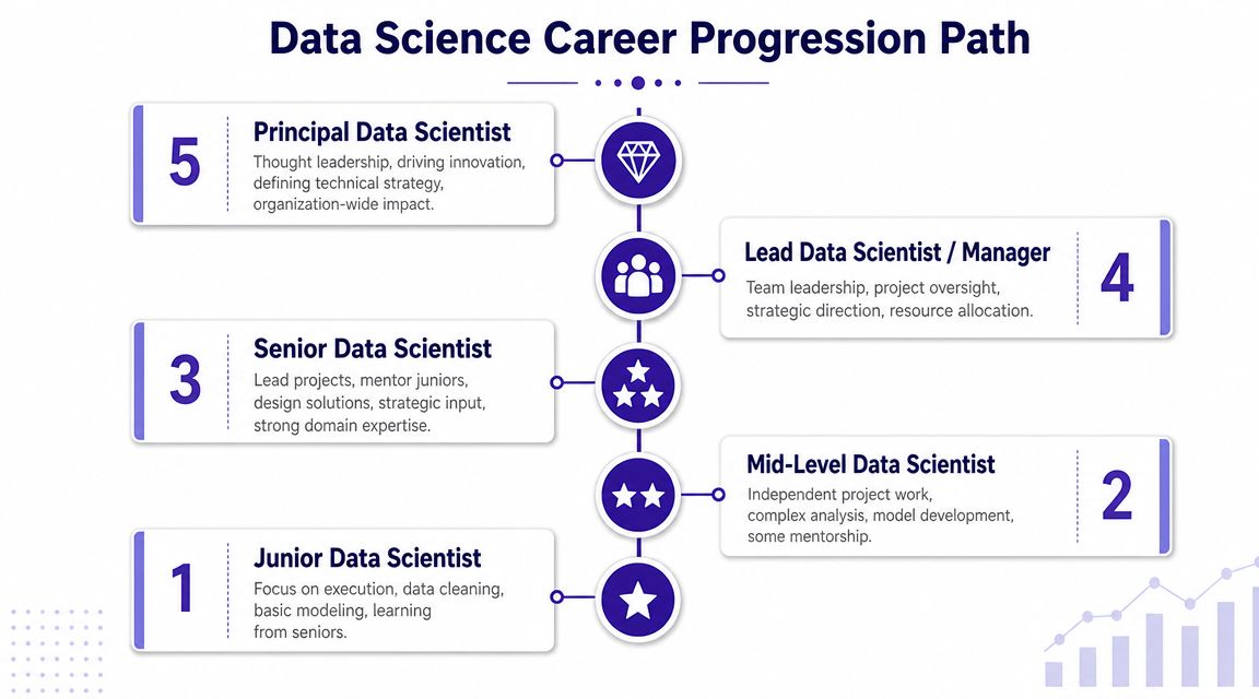 A diagram illustrating the career progression path for data scientists from junior roles to principal positions.