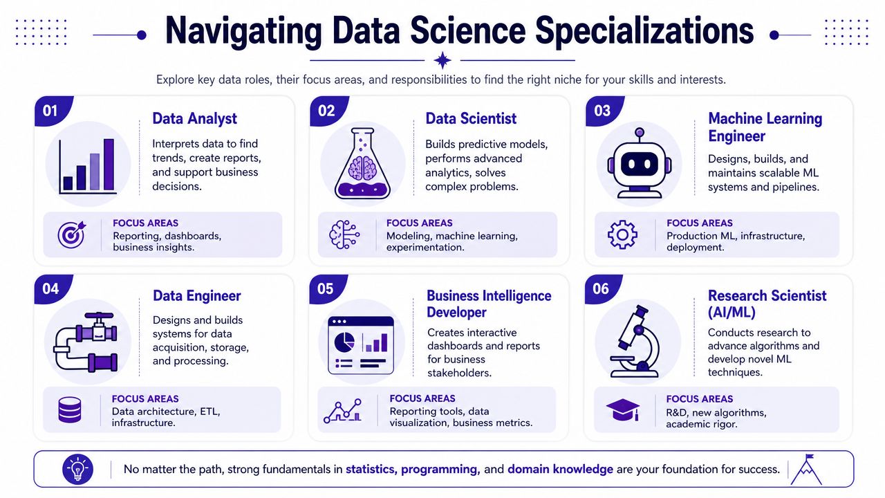 An infographic titled Navigating Data Science Specializations describing six key roles including analyst, scientist, and engineer.