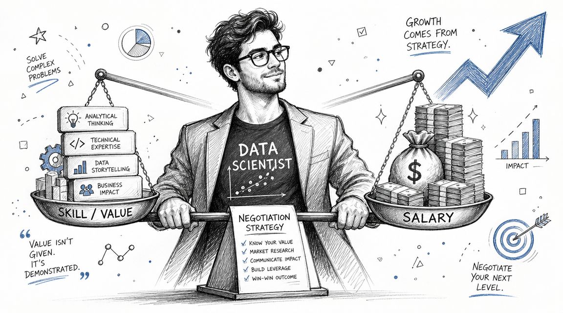 A data scientist balancing skill and value with salary on a scale, symbolizing career negotiation strategies.