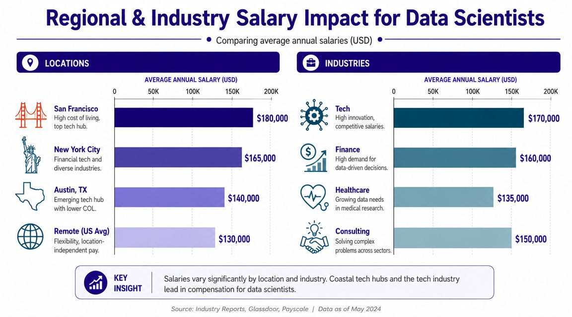 A chart comparing data scientist average annual salaries by major US geographic locations and top industries.