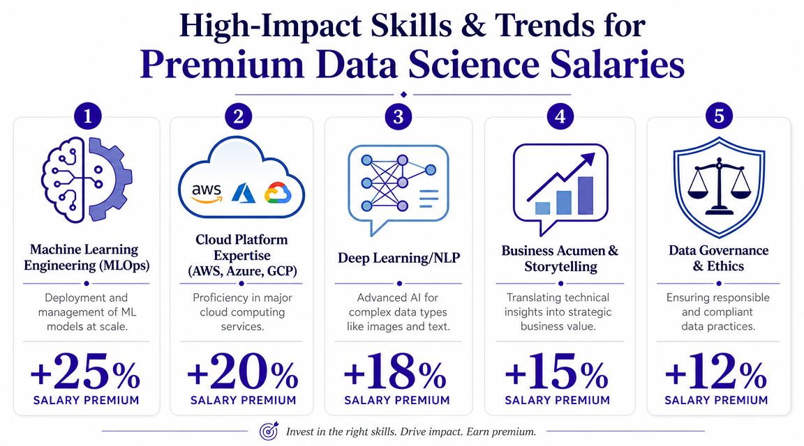 An infographic showing five high-impact skill categories for data science professionals and their associated salary premiums.