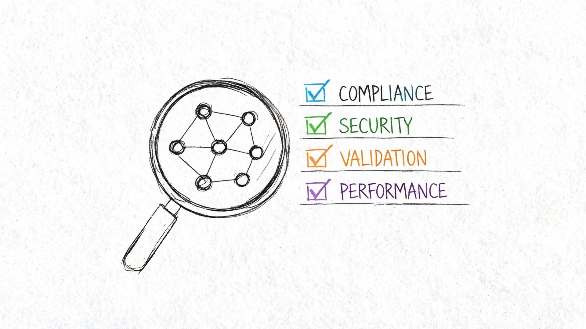A hand-drawn sketch of a magnifying glass over a network diagram with checkboxes for compliance, security, validation, and performance.