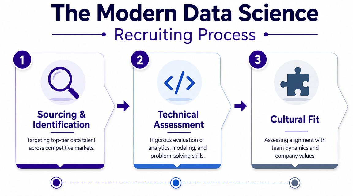 A diagram outlining the three-step modern data science recruiting process including sourcing, technical assessment, and cultural fit.