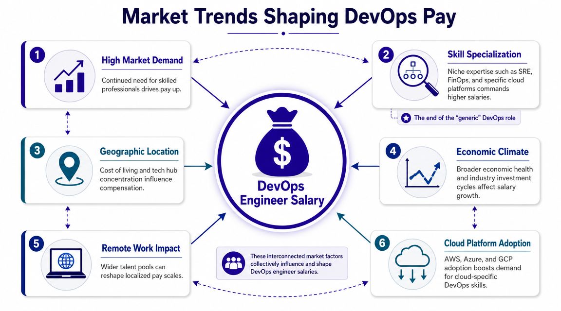 A diagram illustrating six key market trends that influence the salary levels for DevOps engineers.