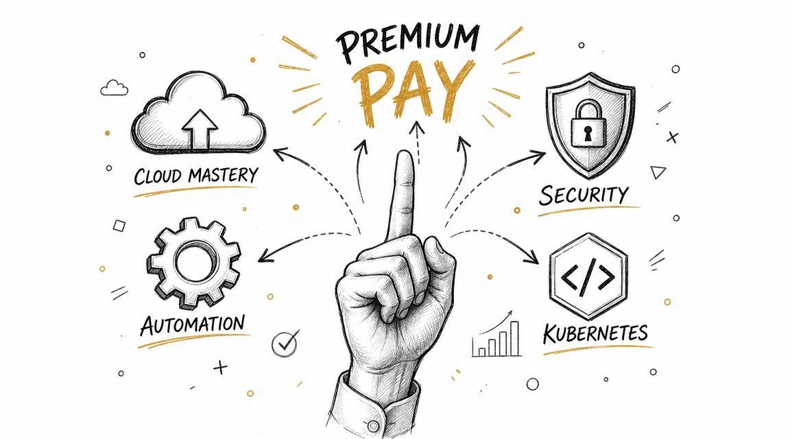 A hand pointing upwards at the text Premium Pay surrounded by illustrations of cloud computing, security, and automation.