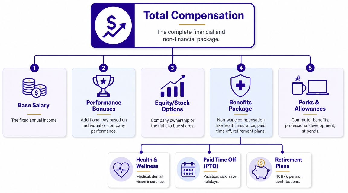 An infographic showing the five components of total compensation including salary, bonuses, equity, benefits, and perks.