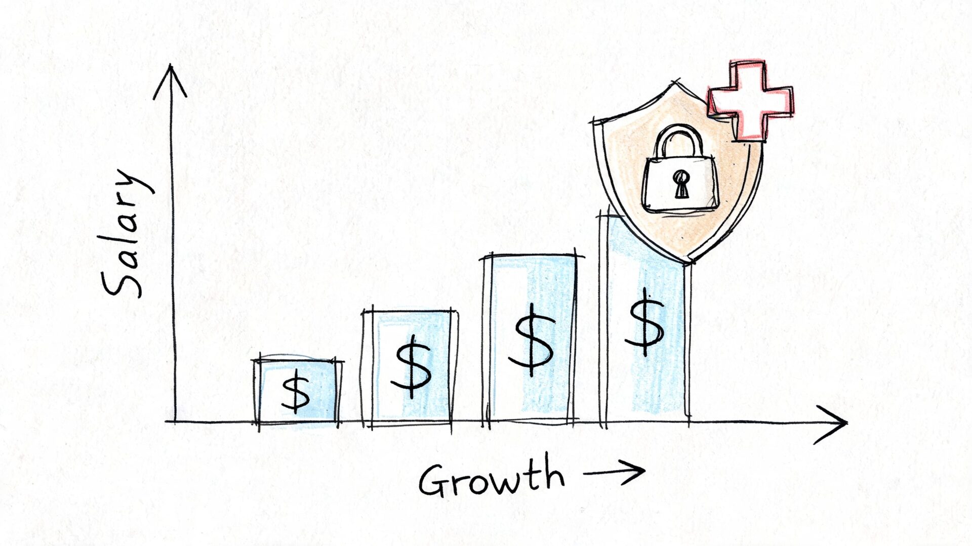 A hand-drawn illustration showing a bar chart with increasing salary levels and a protective shield with a lock and cross symbol.