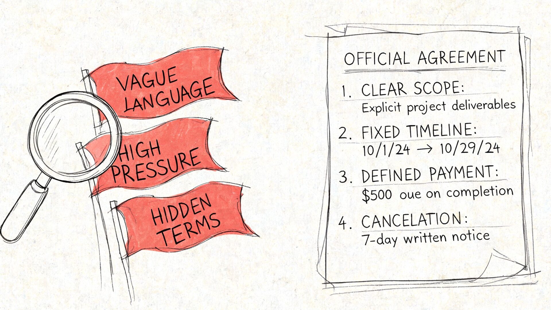 An illustration comparing warning red flags on the left with a structured official agreement document on right.