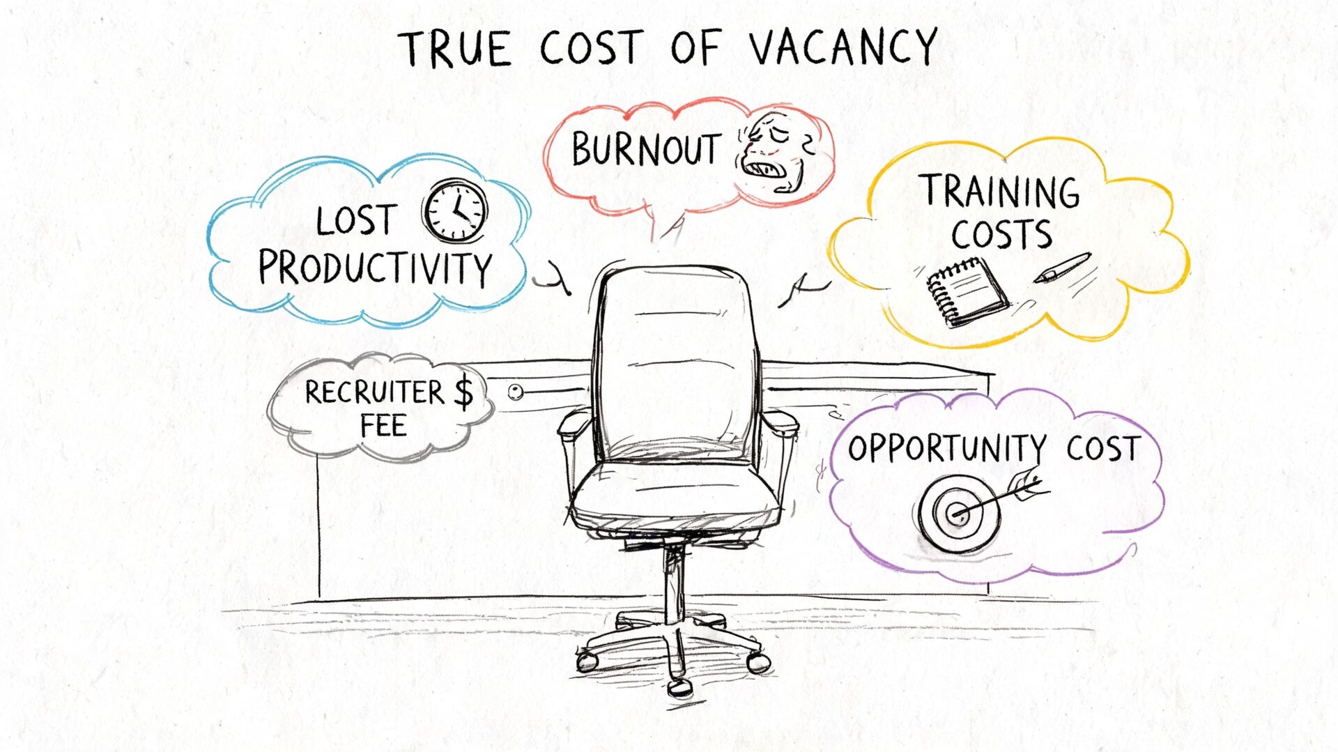 A hand-drawn illustration depicting the negative impacts of an empty job position, including productivity loss and burnout.