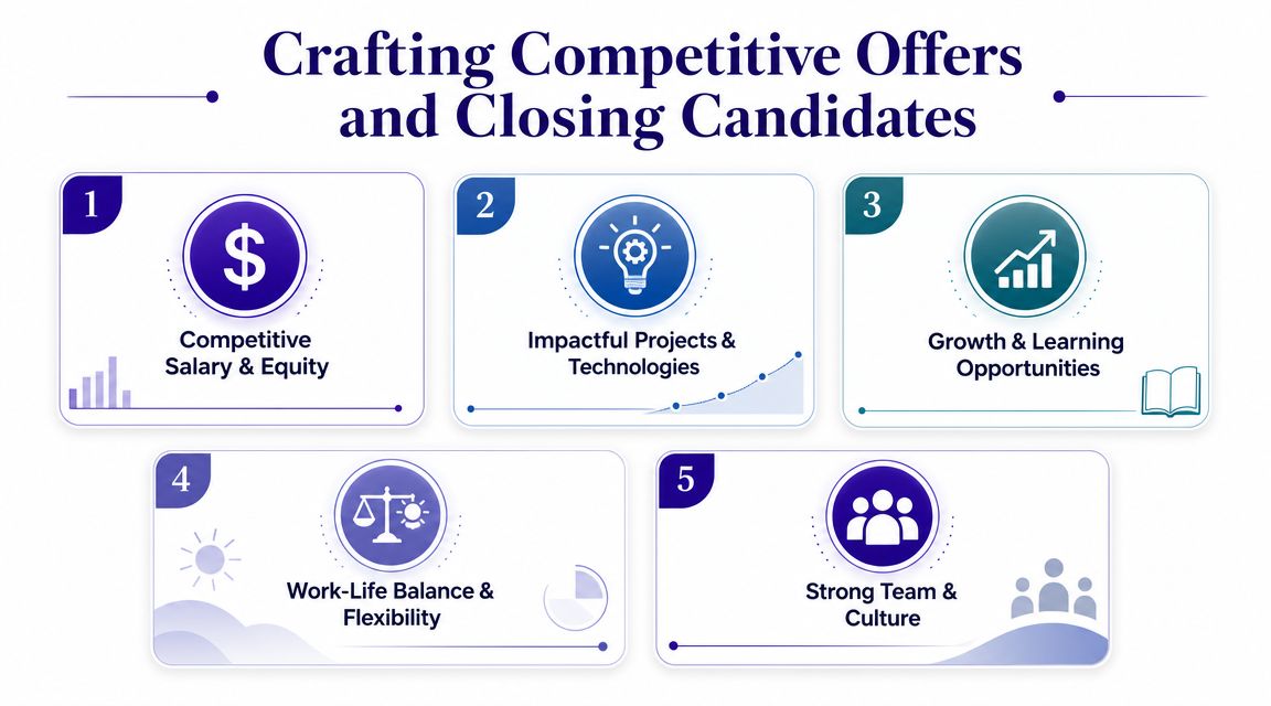 An infographic outlining five key strategies for creating competitive job offers and successfully closing top-tier candidates.