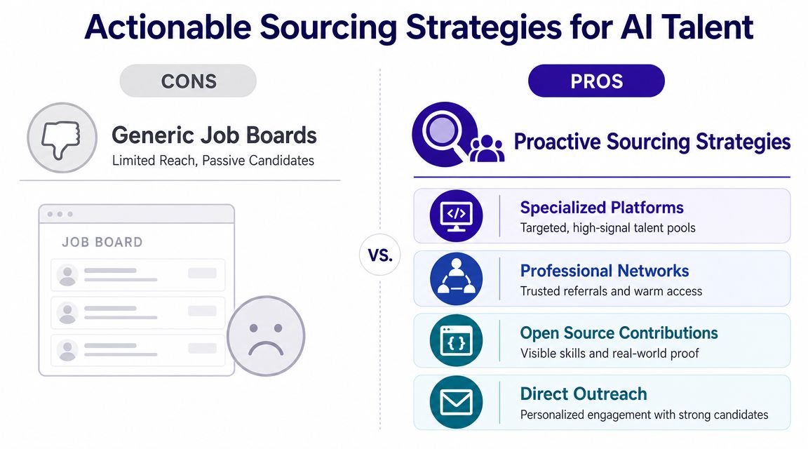 A comparison chart showing cons of generic job boards versus pros of proactive AI talent sourcing strategies.