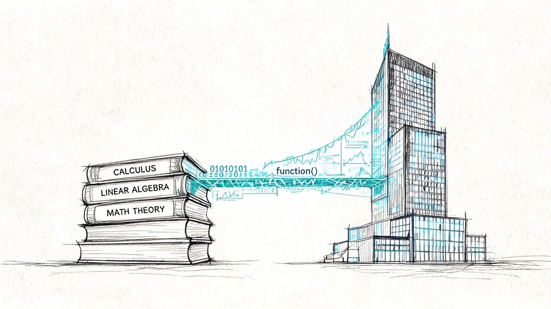 A pencil sketch shows a stack of mathematics books connecting to a modern building with digital data.