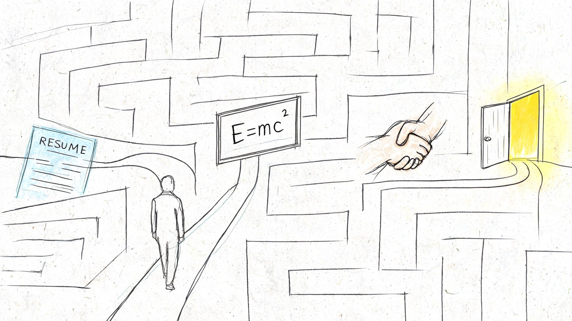 A line drawing of a person navigating a maze toward a bright doorway representing career success.