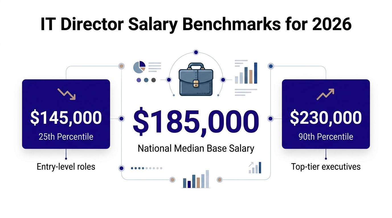 A graphic showing 2026 IT Director salary benchmarks ranging from entry-level to top-tier executive compensation.