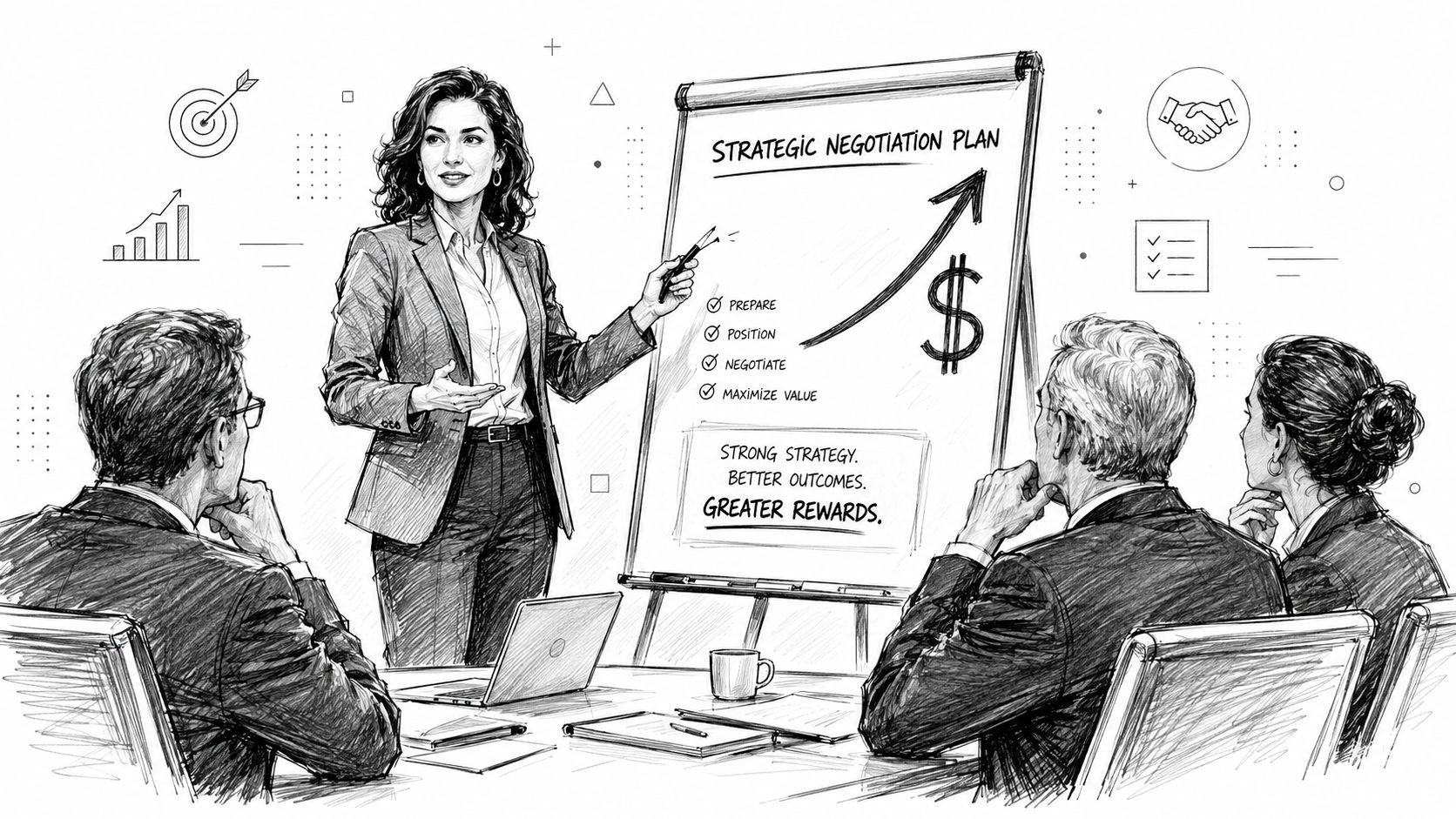 A professional woman presenting a strategic negotiation plan to colleagues in a modern office meeting room.