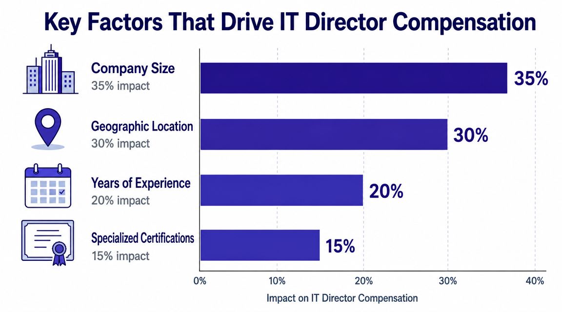 A bar chart illustrating the four key factors driving IT director compensation, including company size and experience.