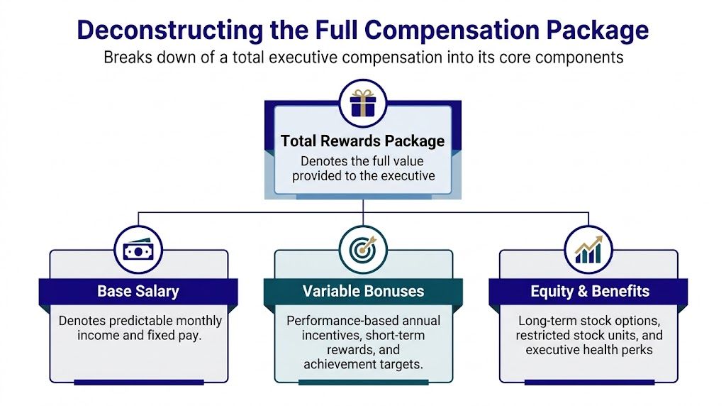 A diagram explaining the components of an executive compensation package including base salary, bonuses, equity, and benefits.