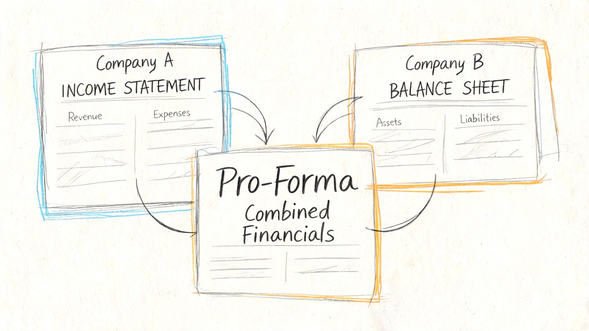 A hand-drawn illustration showing Company A and Company B financial statements combined into pro-forma financials.