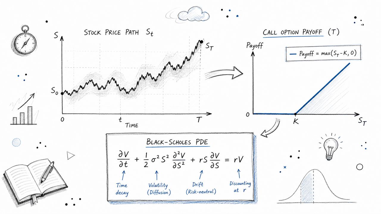 A conceptual diagram illustrating a stock price path, call option payoff function, and the Black-Scholes PDE equation.