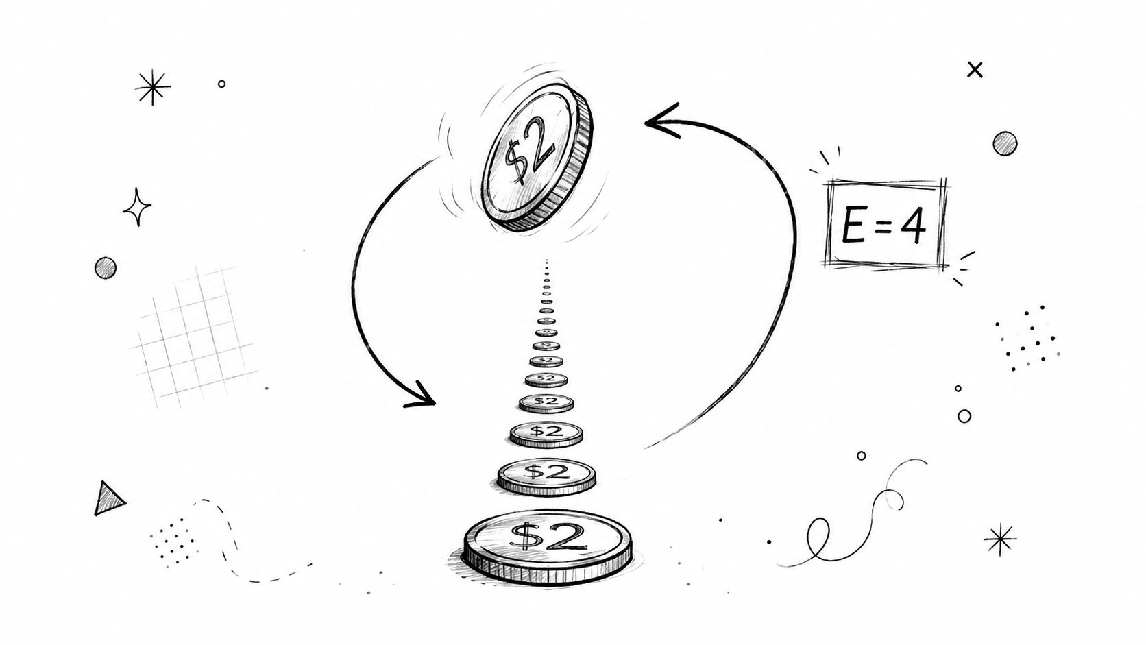 A hand-drawn sketch showing a two-dollar coin illustrating exponential growth or compounding interest concepts.