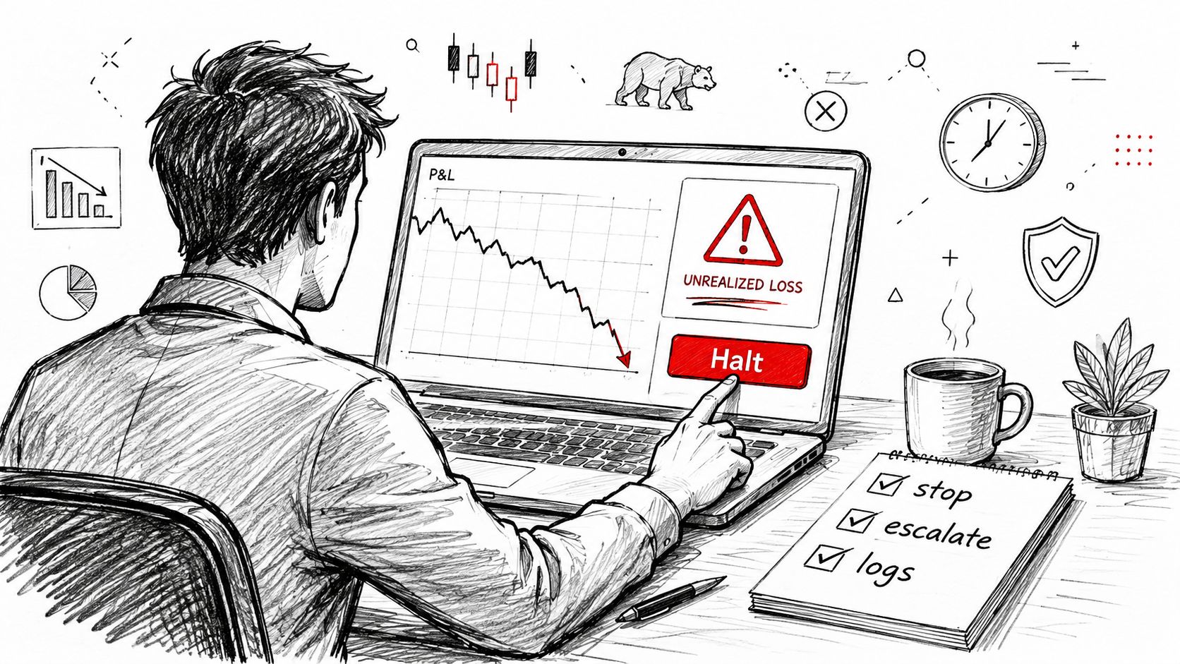 A trader looking at a screen showing a declining chart and an unrealized loss halt button.