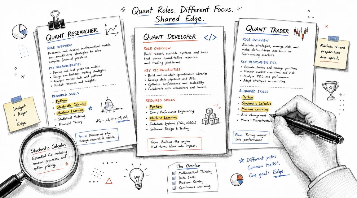 An infographic illustration detailing the roles, responsibilities, and required skills for quantitative researchers, developers, and traders.