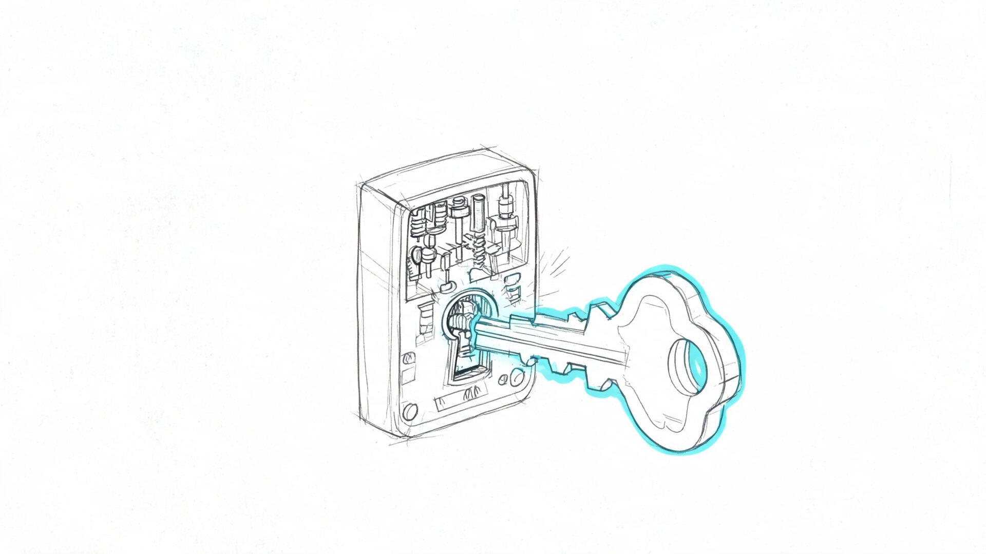 A pencil sketch of a metal door lock with a key inserted, showing the internal mechanism.