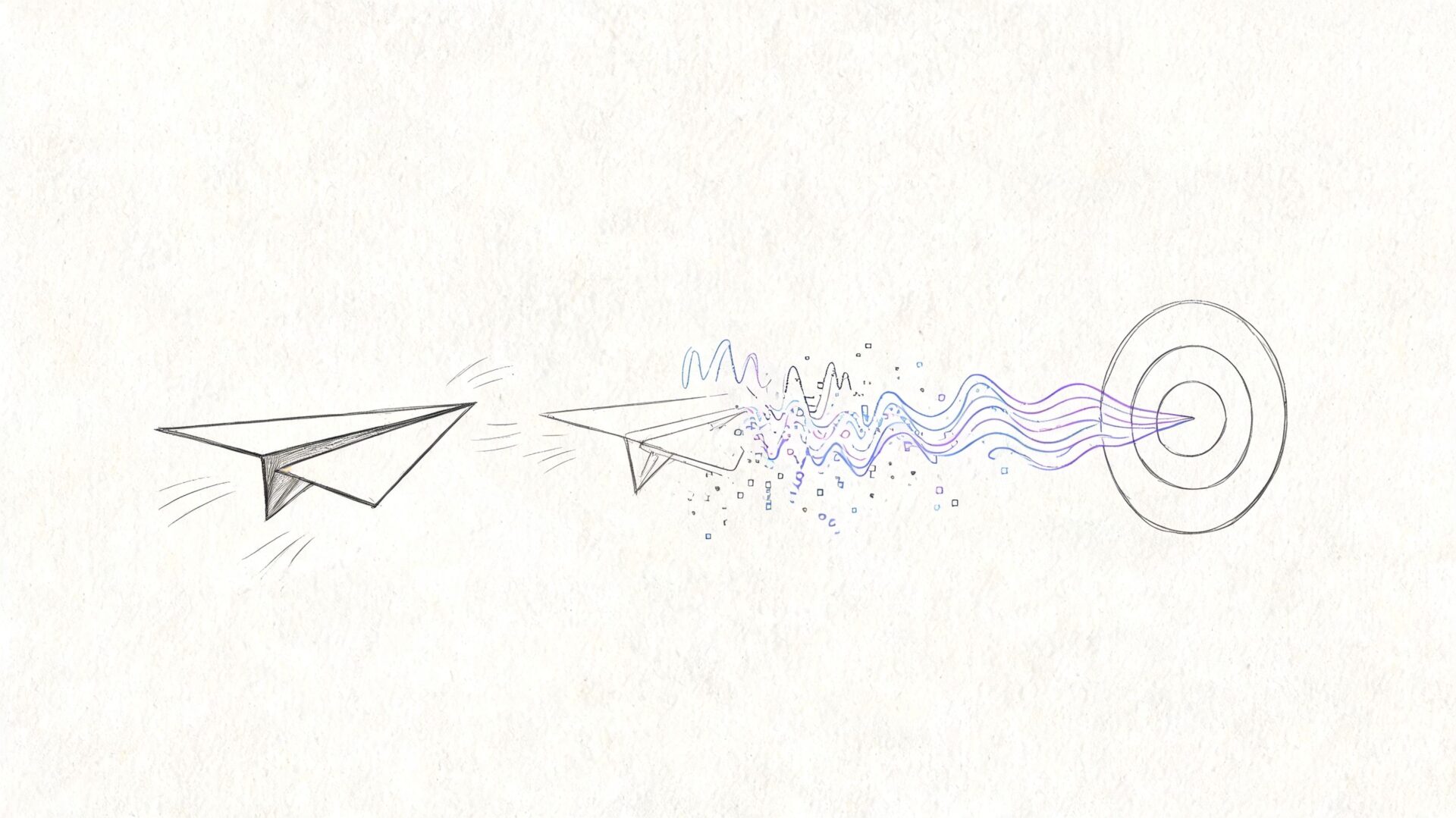 A sketched paper plane transforming into digital waves as it moves toward a target bullseye symbol.