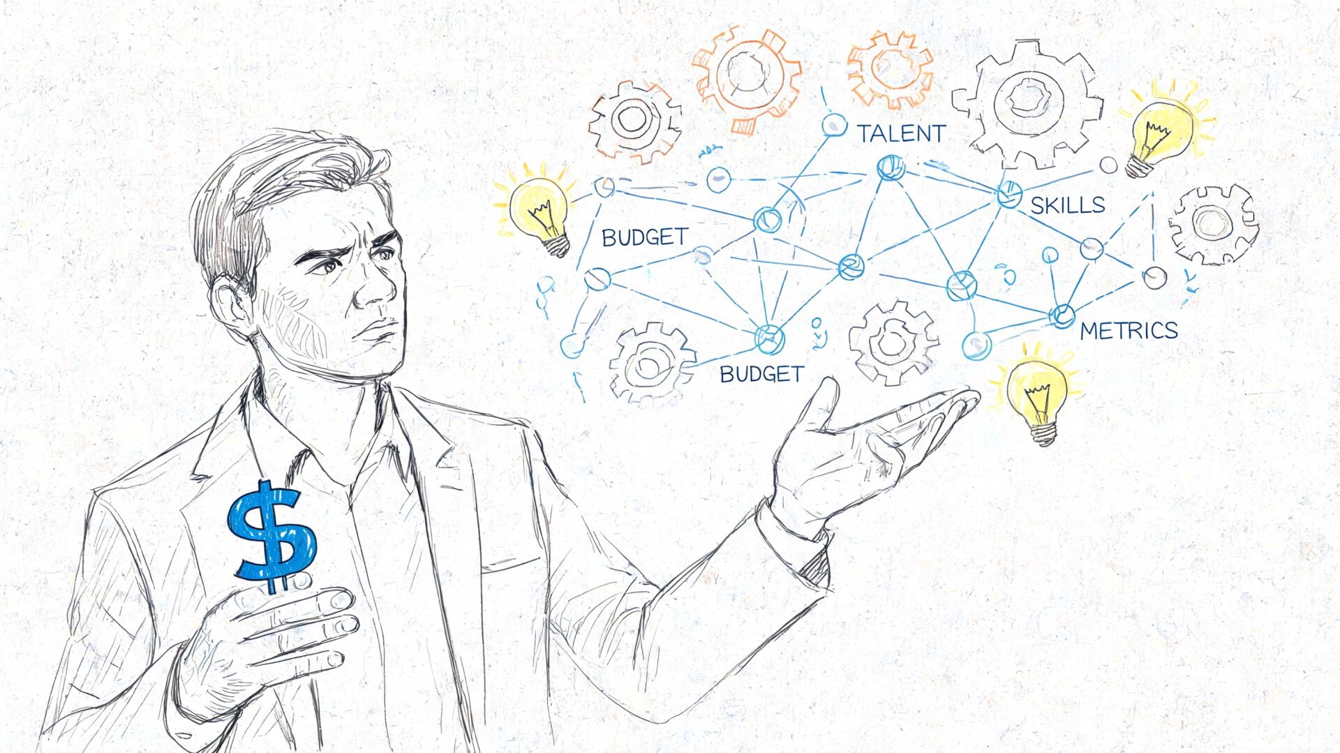 A sketched illustration of a businessman analyzing business concepts like budget, talent, skills, and metrics.