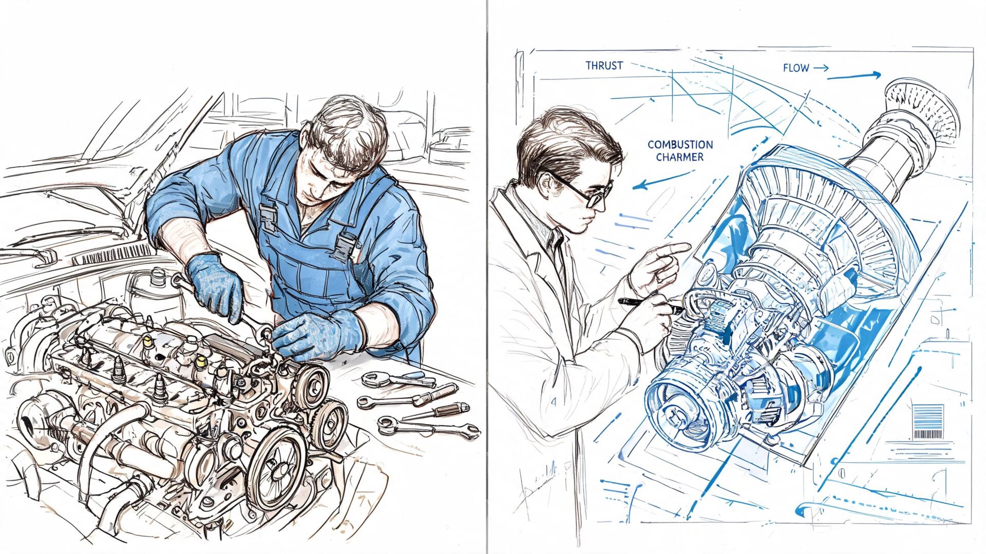 A split illustration showing a mechanic working on a car engine and an engineer inspecting a turbine.