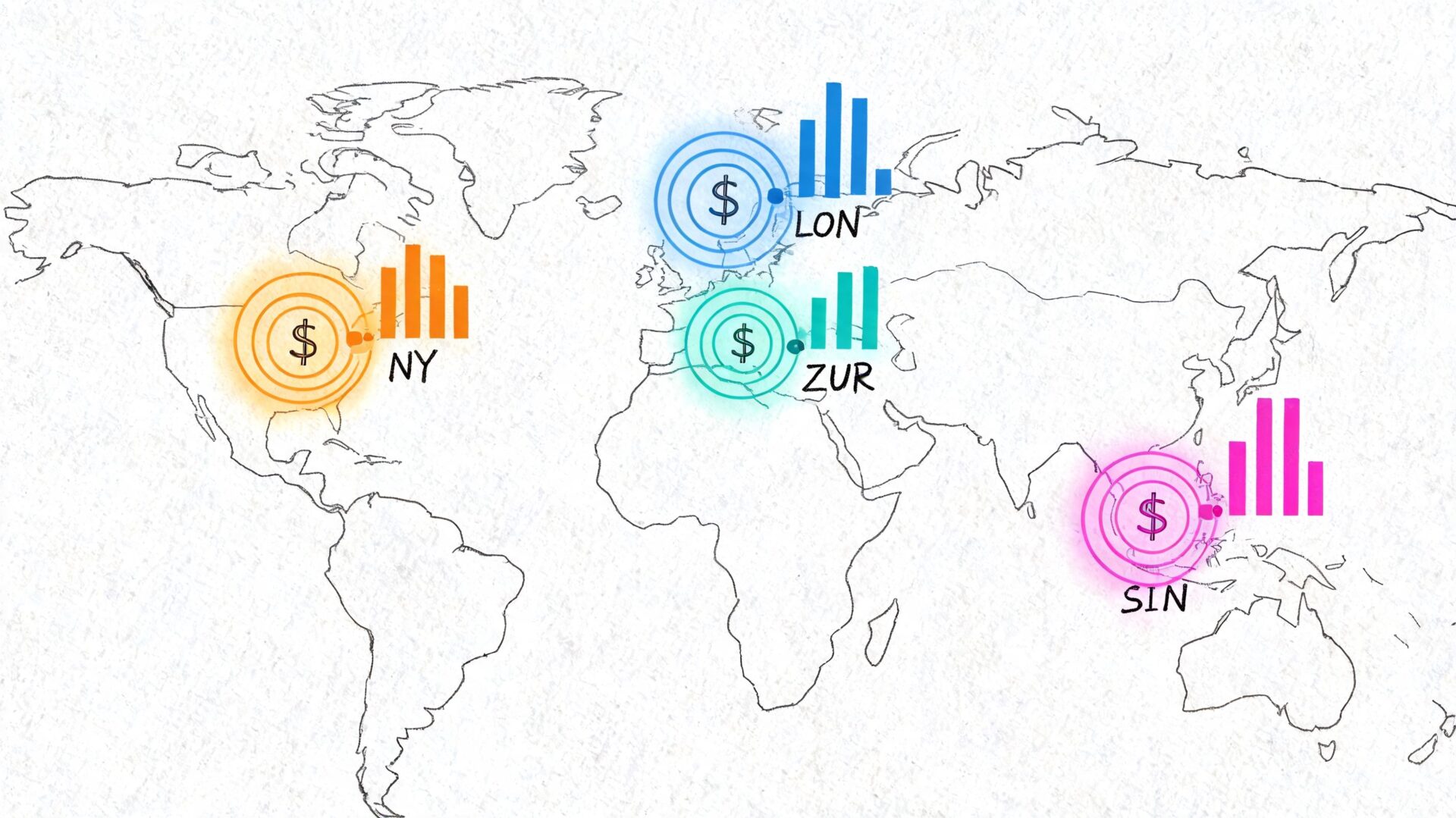 A map showing global financial hubs with dollar signs and bar graphs representing engineer compensation data.