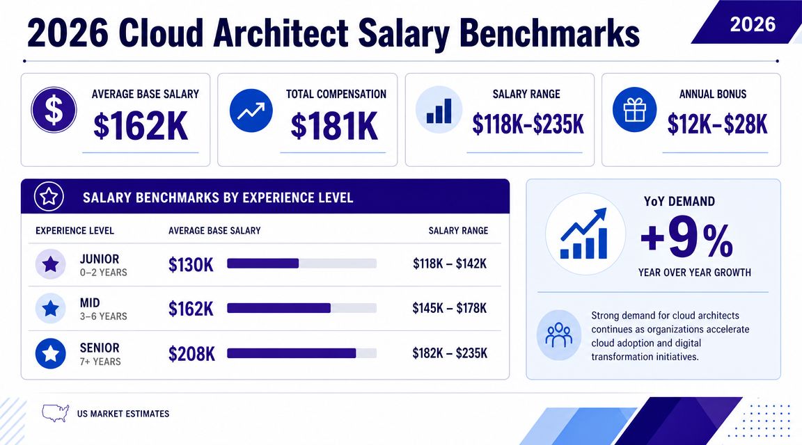 An infographic showing 2026 salary benchmarks for cloud architects across different experience levels in the US.