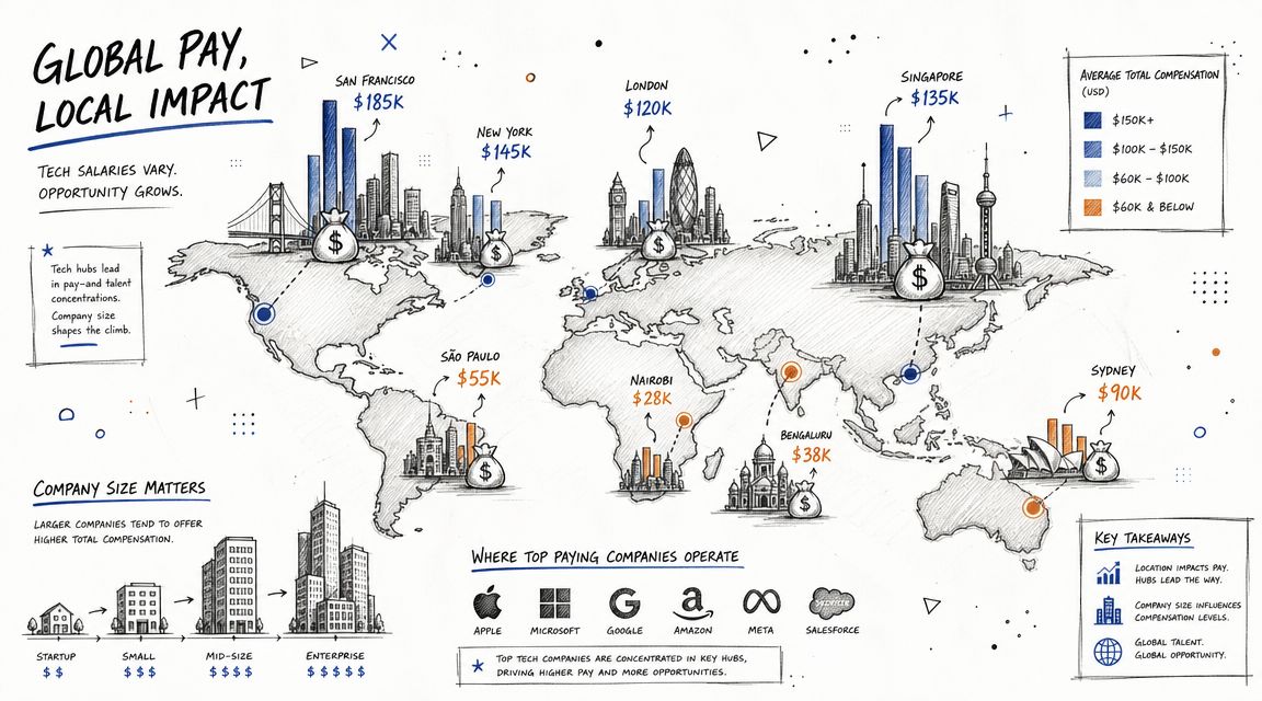 An illustrated world map showing varying tech salary levels across global cities and company size compensation tiers.