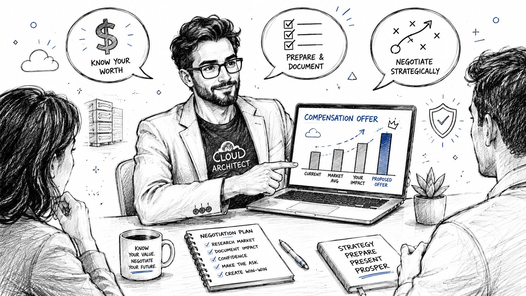 A cloud architect presents a compensation offer graph to colleagues during a professional salary negotiation meeting.