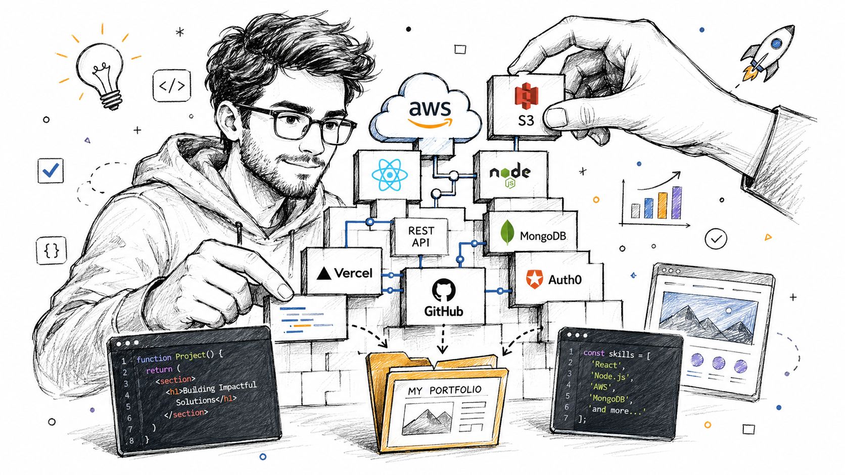 A digital illustration of a developer building a software project portfolio with cloud and coding icons.