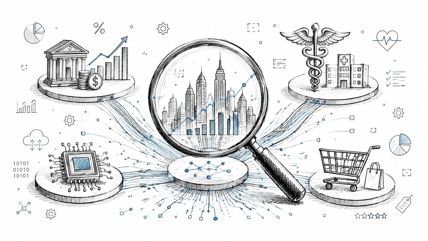 A conceptual illustration showing a magnifying glass focused on city data, connected to banking, technology, healthcare, and retail sectors.