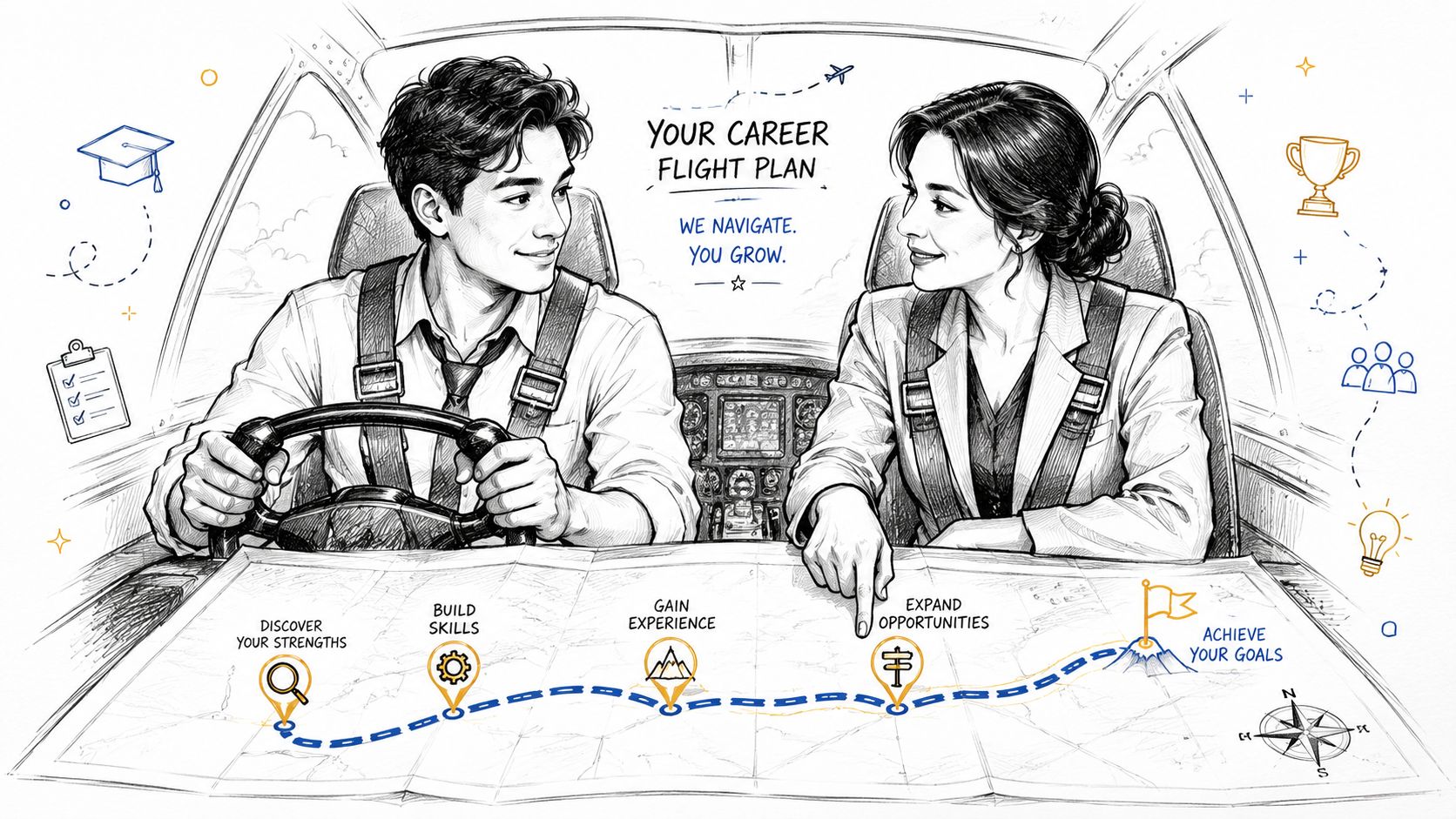 A professional man and woman in a cockpit reviewing a career flight plan map for professional growth.