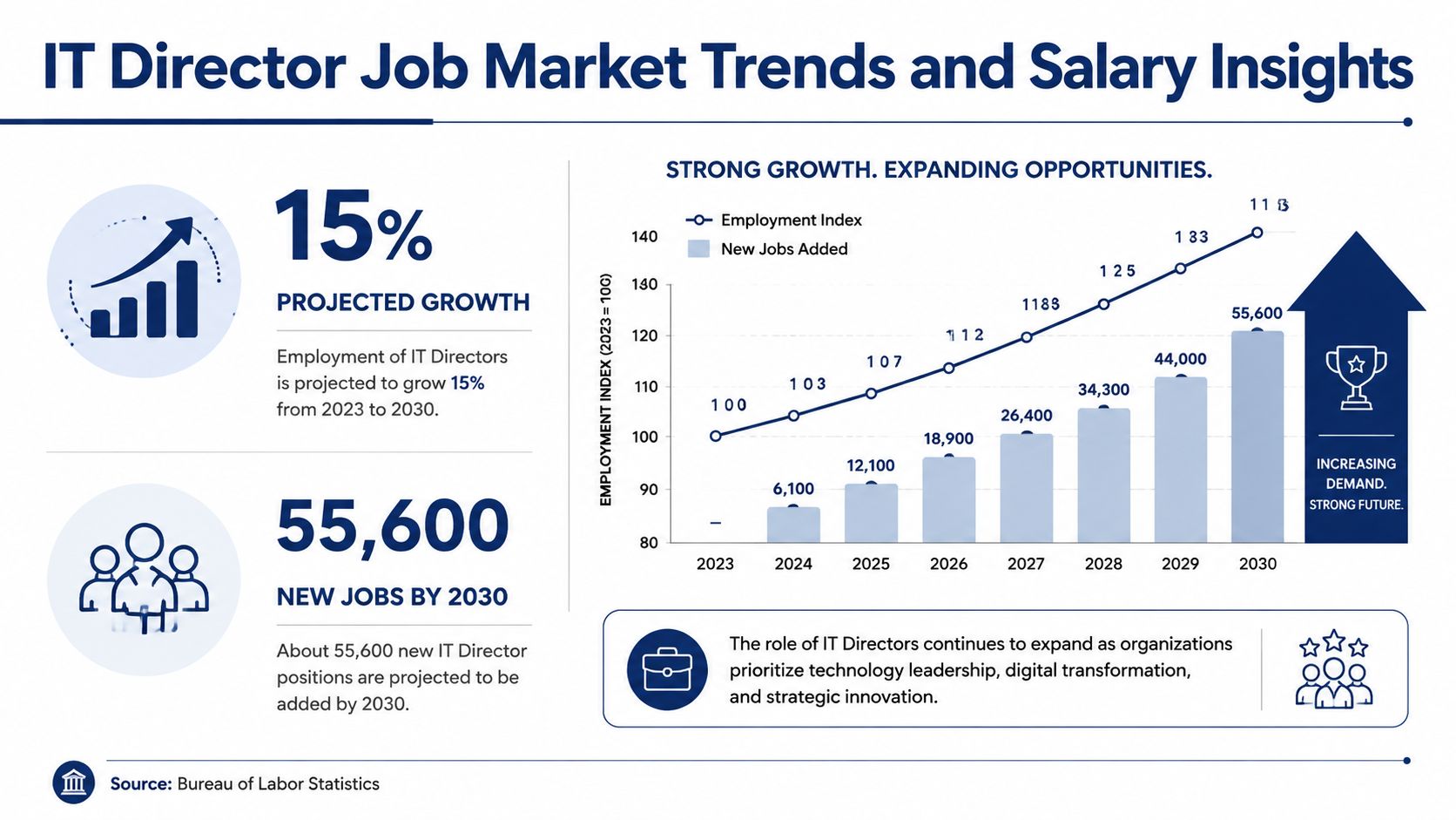 A chart showing a 15 percent projected growth for IT Director positions, adding 55,600 new jobs by 2030.