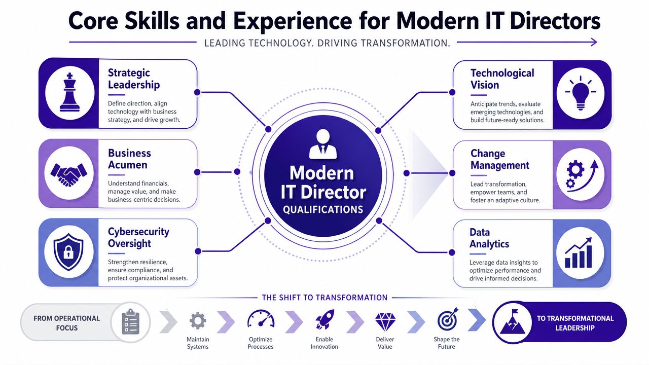 A diagram outlining the core skills and experience required for modern IT directors, highlighting strategic leadership and transformation.