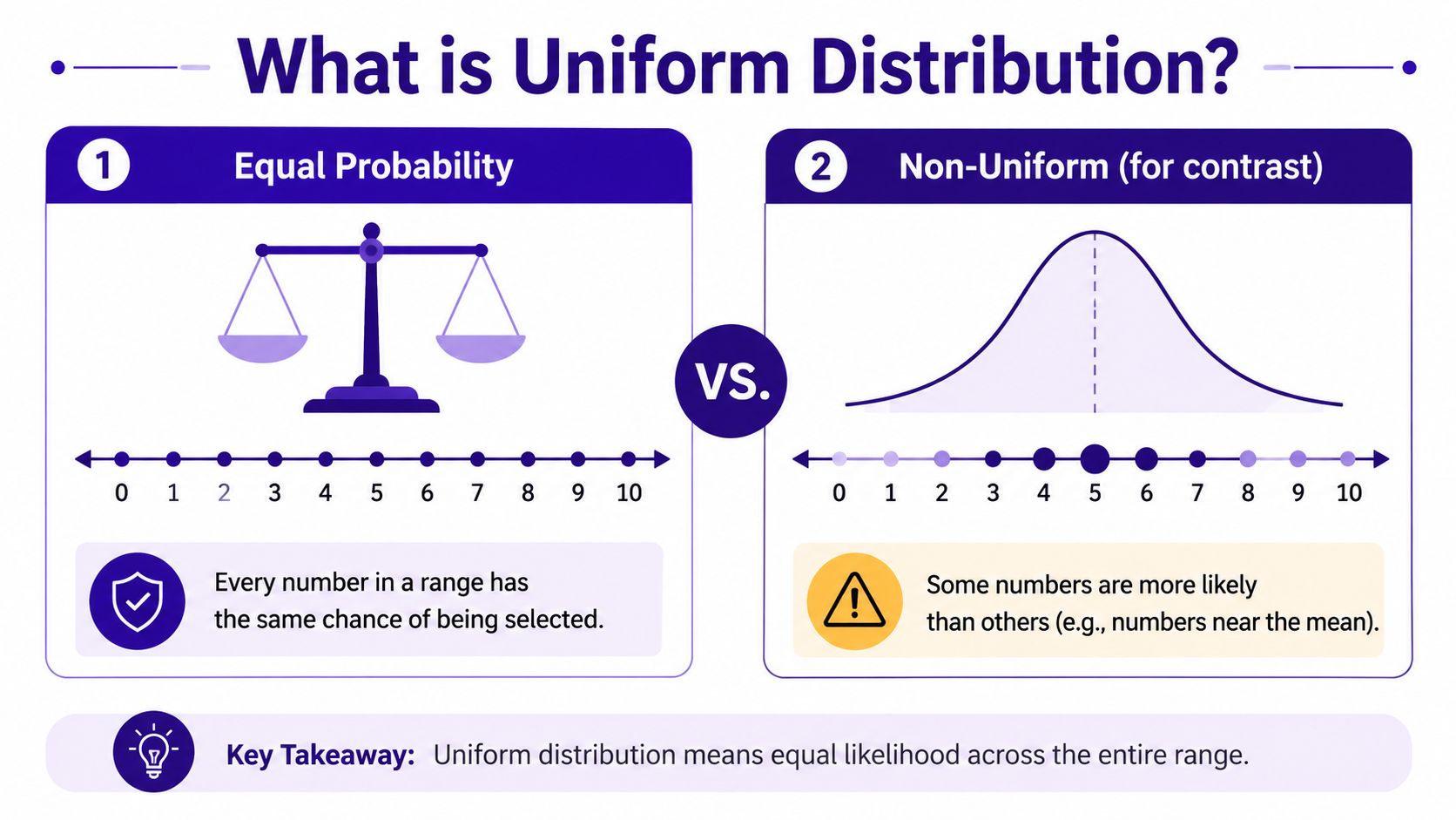A comparative infographic showing uniform distribution with equal probability versus a non-uniform bell curve distribution.