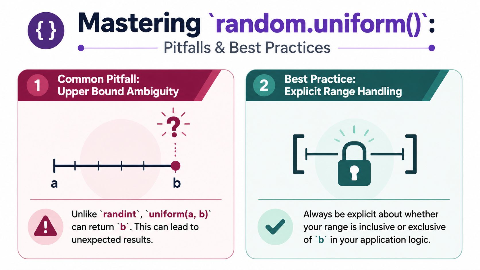 An infographic explaining the behavior and potential pitfalls of the python random.uniform function regarding upper bounds.
