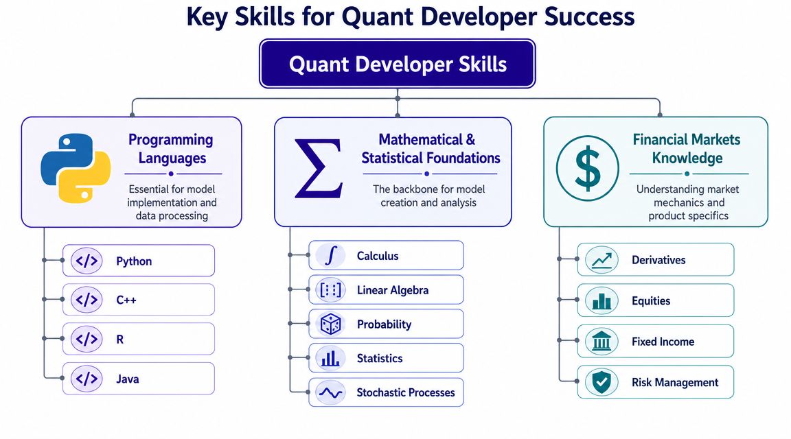 A diagram illustrating the key skills required for success as a quantitative developer in financial technology.
