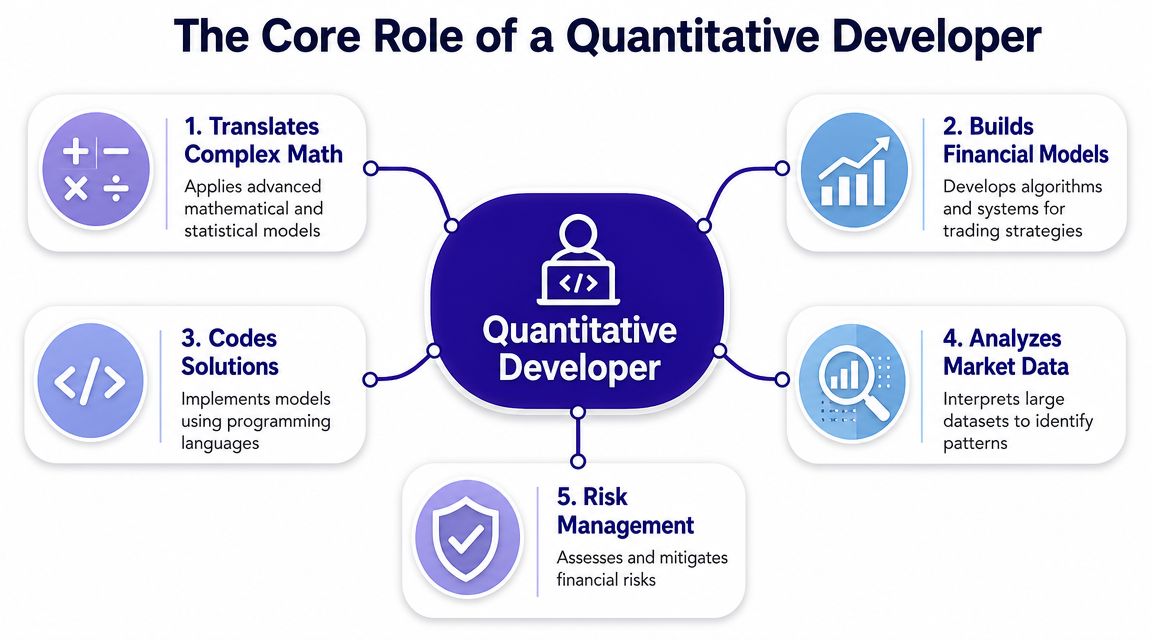 A diagram outlining the five core responsibilities of a quantitative developer in the financial industry.