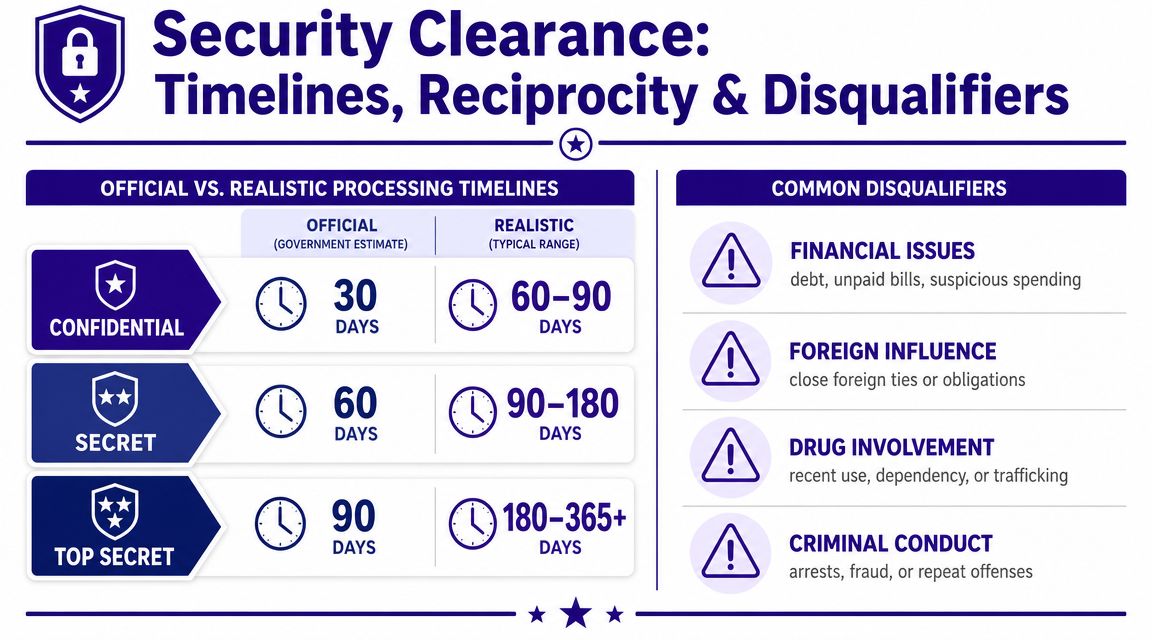 A chart showing official versus realistic timelines for security clearances and common disqualifying factors for applicants.